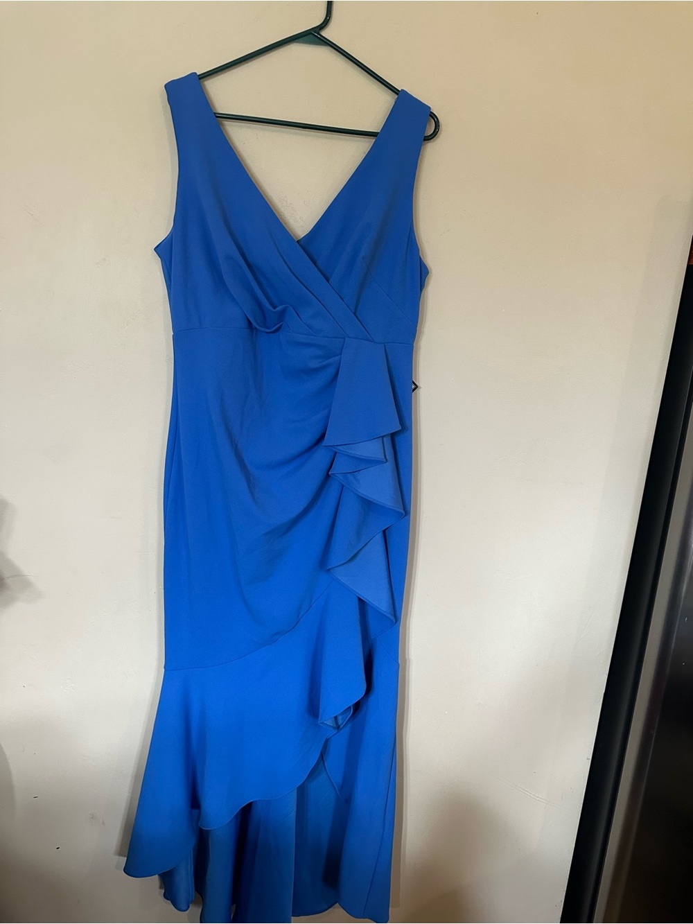 Adam Royal Blue V-Neck High-Low Ruffle Gown - Picture 2 of 6
